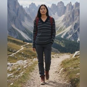 Basic Editions Striped V-Neck Long Sleeve Sweater (Black w/ White Stripes)